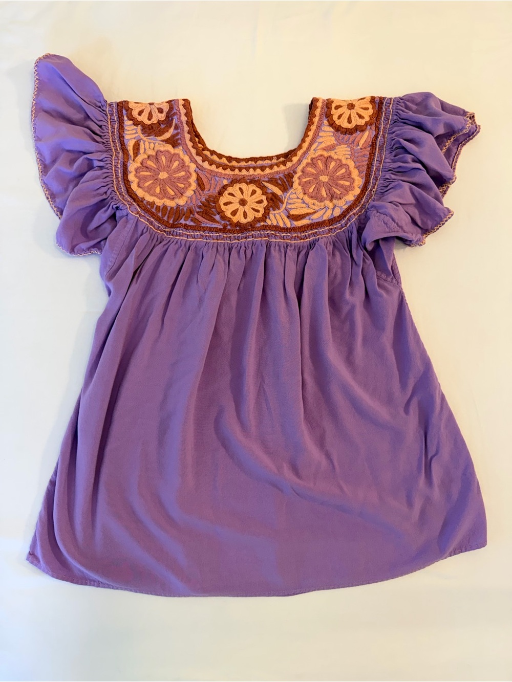 Mexican Lavender Floral Embroidered Flutter Sleeve Top Size M